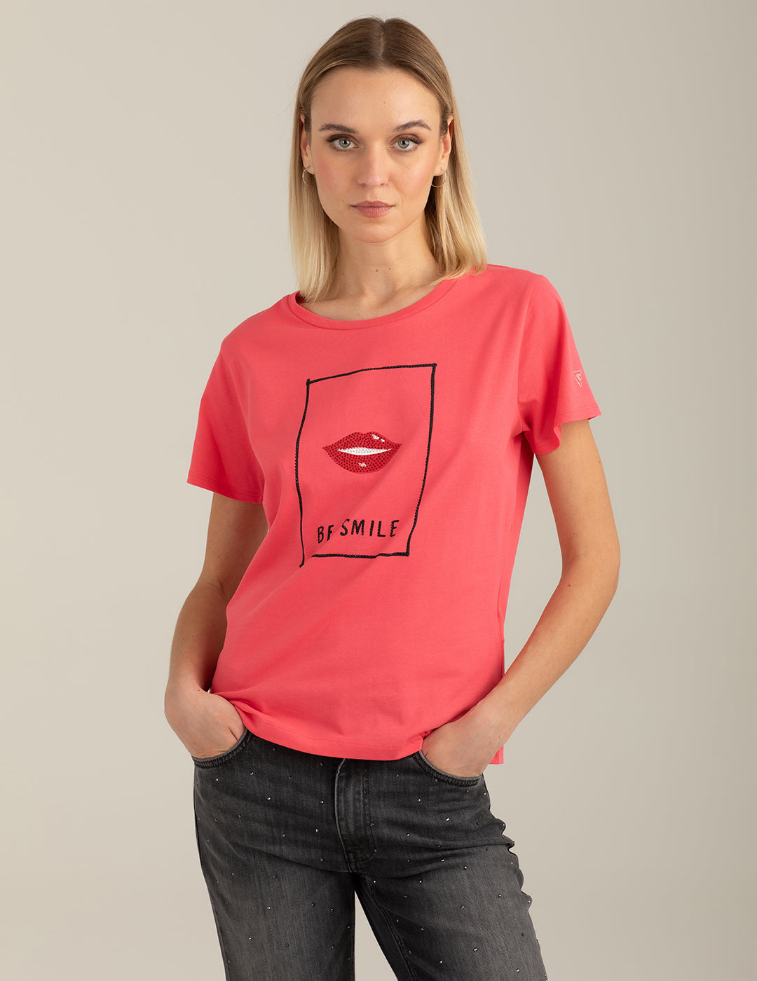 Crew-Neck T-Shirt with Graphic and Rhinestones woman coral fw26s03tg cc-a0202 Crew-Neck T-Shirt with Graphic and Rhinestones