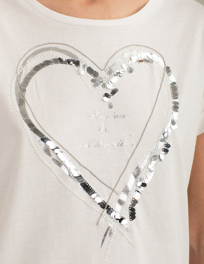 Crew Neck T-Shirt with Graphic and Embellishments
