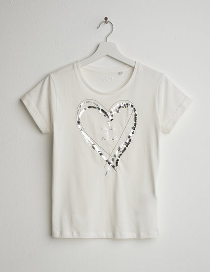 Crew Neck T-Shirt with Graphic and Embellishments