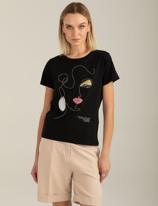 T-shirt girocollo con grafica e ricamo donna black fw26s16tg cc-a0951