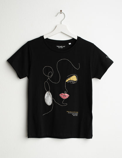 Crew Neck T-Shirt with Graphic and Embroidery