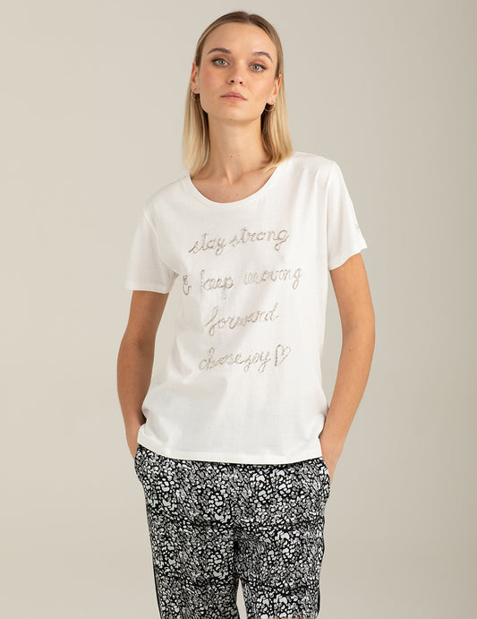 T-shirt girocollo con ricamo e perline donna off white fw26s17tg cc-a0002