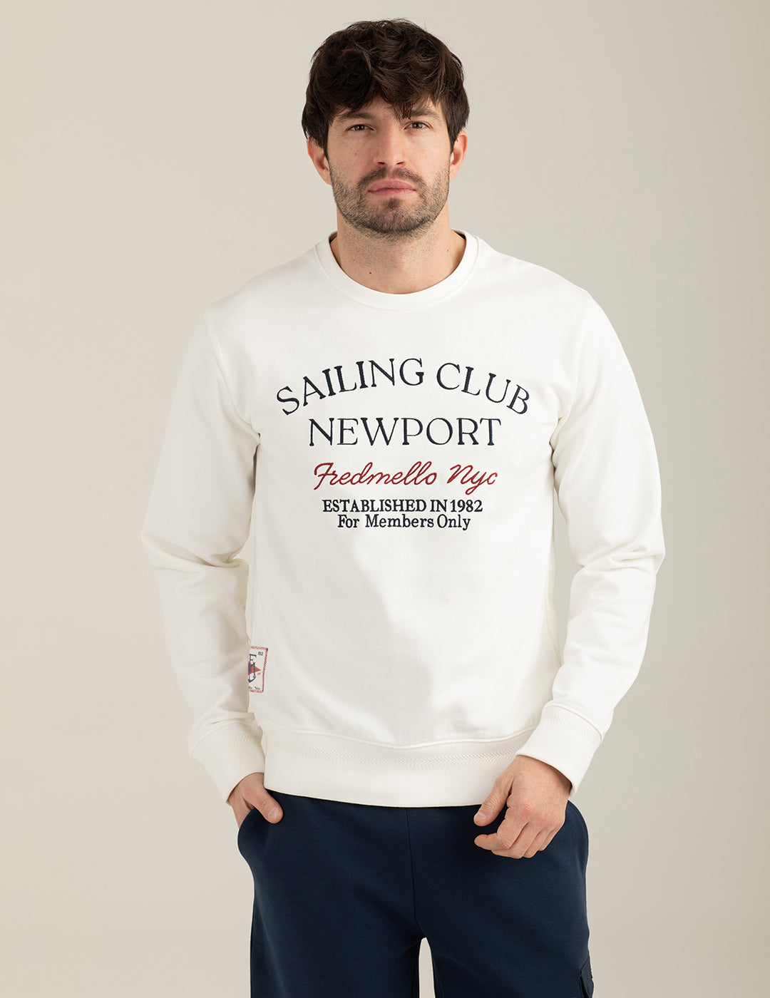 Crew Neck Sweatshirt with Embroidery and Denim Details man off white fm26s17fg cc-a0002 Crew Neck Sweatshirt with Embroidery and Denim Details