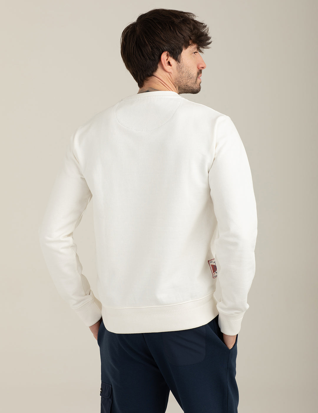 Crew Neck Sweatshirt with Embroidery and Denim Details man off white fm26s17fg cc-a0002 Crew Neck Sweatshirt with Embroidery and Denim Details