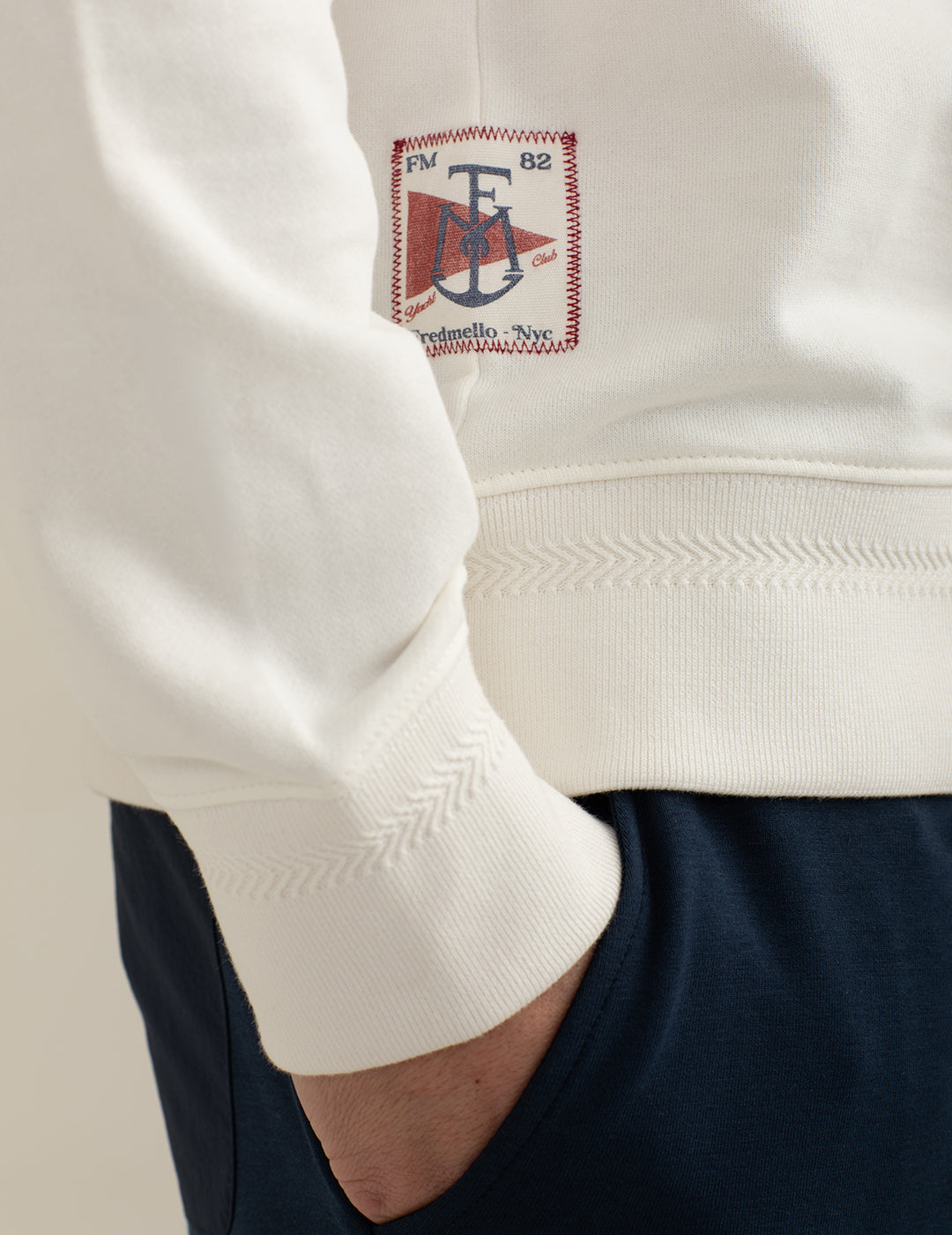 Crew Neck Sweatshirt with Embroidery and Denim Details man off white fm26s17fg cc-a0002 Crew Neck Sweatshirt with Embroidery and Denim Details