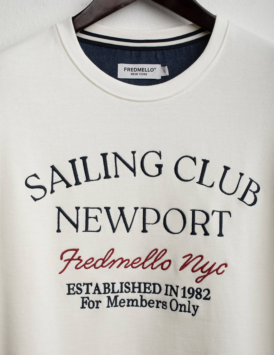 Crew Neck Sweatshirt with Embroidery and Denim Details man off white fm26s17fg cc-a0002 Crew Neck Sweatshirt with Embroidery and Denim Details