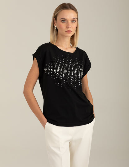 Crew Neck T-Shirt with Pearl and Stud Embellishments