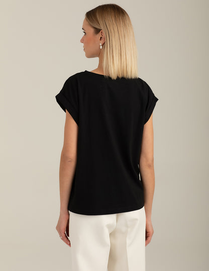 Crew Neck T-Shirt with Pearl and Stud Embellishments