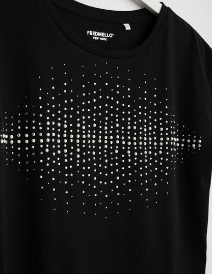 Crew Neck T-Shirt with Pearl and Stud Embellishments