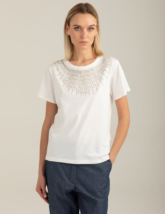 T-shirt girocollo con ricami e perline donna off white fw26s21tg cc-a0002