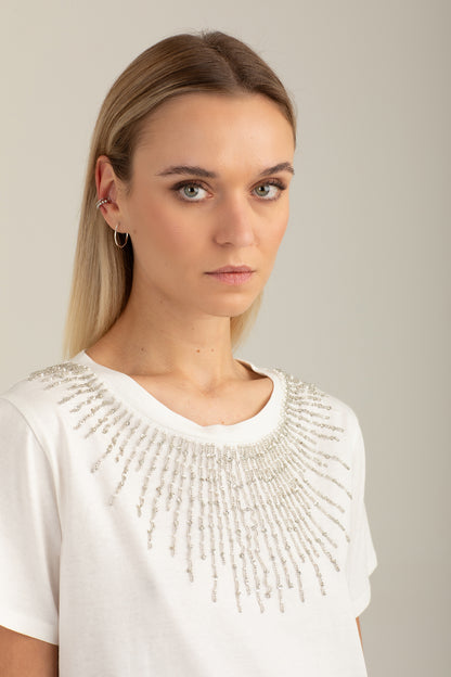 Crew Neck T-Shirt with Hand-Embroidered Beads