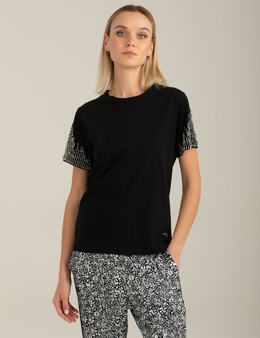 T-shirt girocollo con ricami e perline donna black fw26s21tg cc-a0951