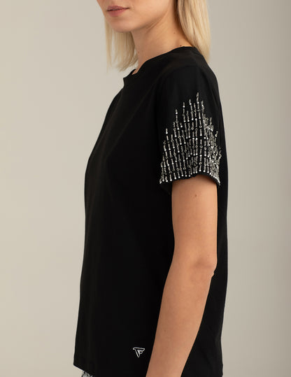Crew Neck T-Shirt with Hand-Embroidered Beads