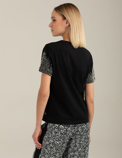 Crew Neck T-Shirt with Hand-Embroidered Beads