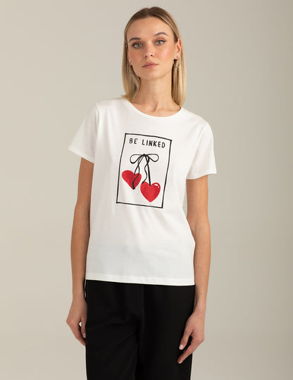 Crew-Neck T-Shirt with Graphic and Rhinestones