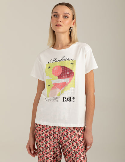 Crew Neck T-Shirt with Graphic and Rhinestones