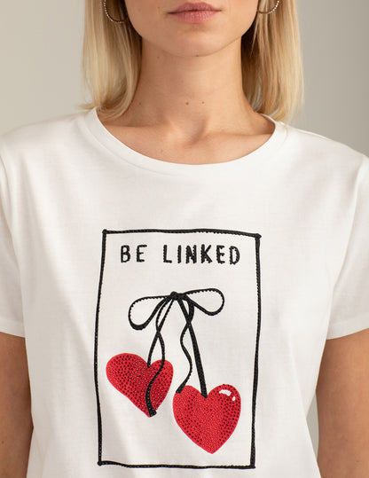 Crew-Neck T-Shirt with Graphic and Rhinestones