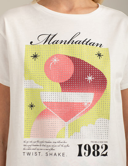 Crew Neck T-Shirt with Graphic and Rhinestones