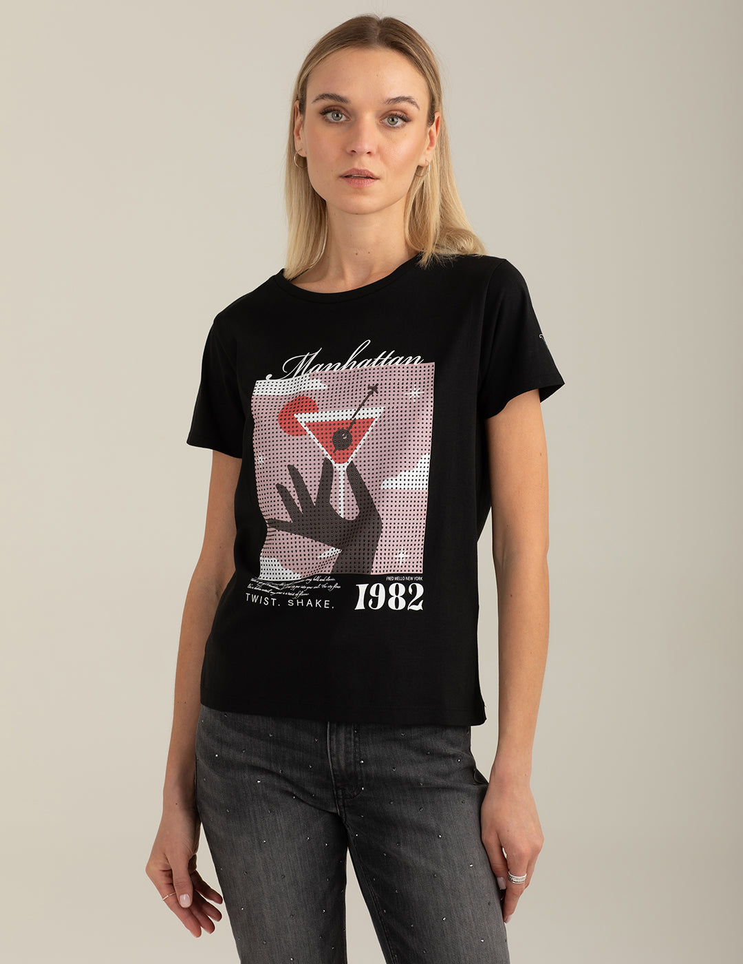 Crew Neck T-Shirt with Graphic and Rhinestones woman black fw26s06tg cc-a0951 Crew Neck T-Shirt with Graphic and Rhinestones