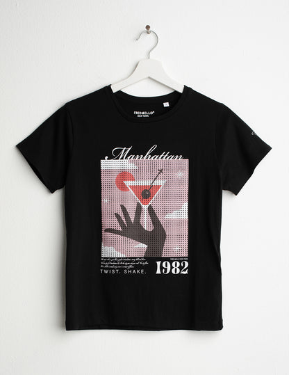 Crew Neck T-Shirt with Graphic and Rhinestones