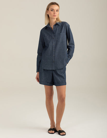 Bermuda chambray con applicazioni di strass
