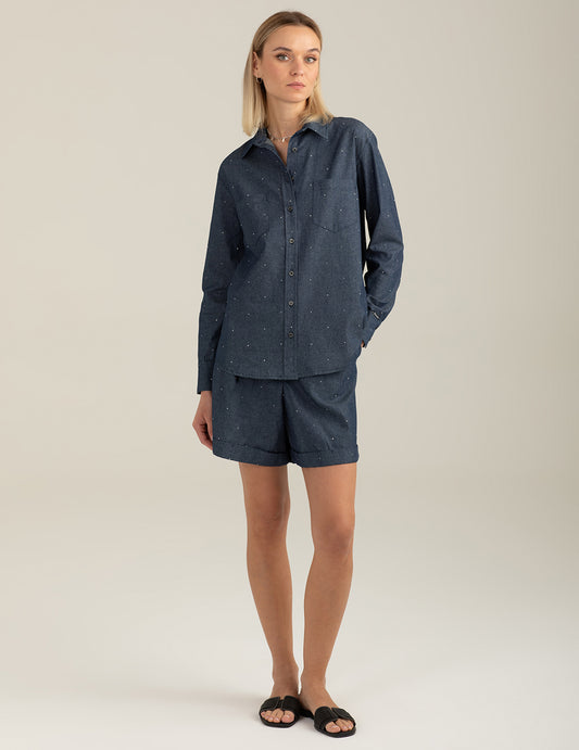 Camicia a manica lunga in chambray con strass donna indigo fw26s40cu cc-a0608