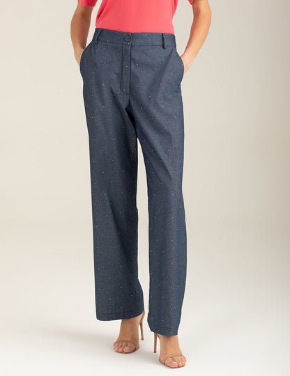 Pantalone palazzo in tessuto chambray con strass
