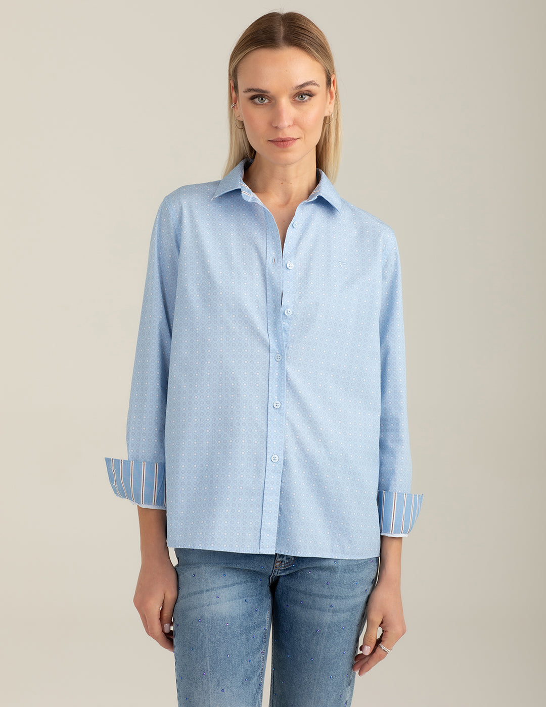 Camicia a manica lunga di cotone stampato donna light blue fw26s25cs cc-a1001 Camicia a manica lunga di cotone stampato
