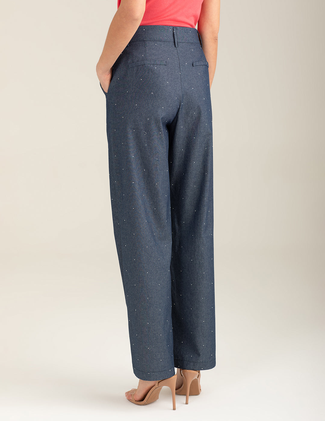 Pantalone palazzo in tessuto chambray con strass donna indigo fw26s50pu cc-a0608 Pantalone palazzo in tessuto chambray con strass