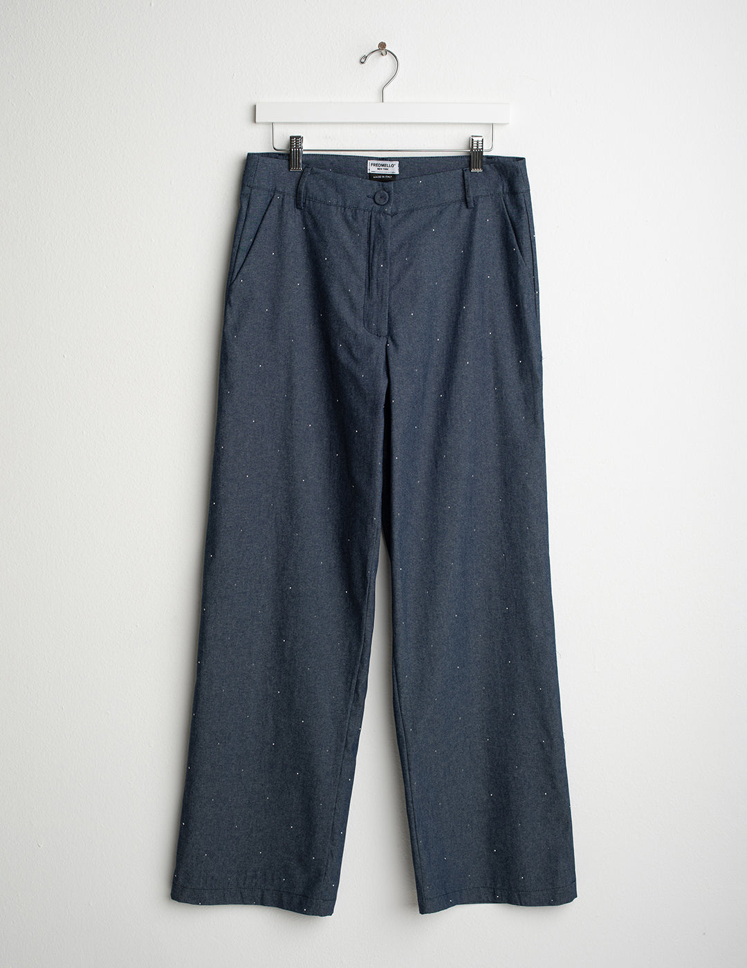 Pantalone palazzo in tessuto chambray con strass donna indigo fw26s50pu cc-a0608 Pantalone palazzo in tessuto chambray con strass