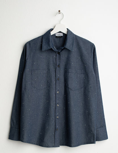 Camicia a manica lunga in chambray con strass