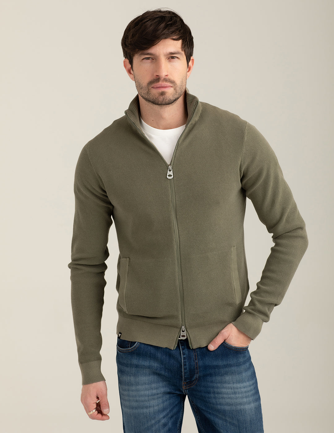 Maglia full zip in punto piquet uomo army fm26s03mz cc-a0804 MAGLIA M/L ZIP UNITO MAN