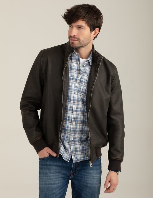 Faux Leather Jacket with Metal Zip man brown fm26s08ke cc-a0251