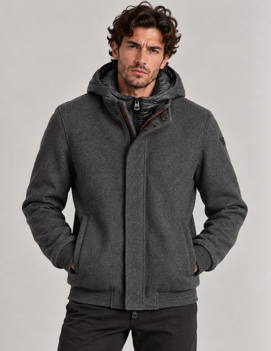 GIUBBOTTO IN PANNO CON CAPPUCCIO STACCABILE uomo antracite melange fm26w07ku cc-a0953