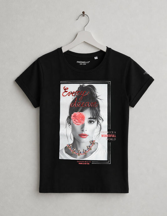 T-shirt girocollo con grafica e applicazioni donna black fw26s07tg cc-a0951