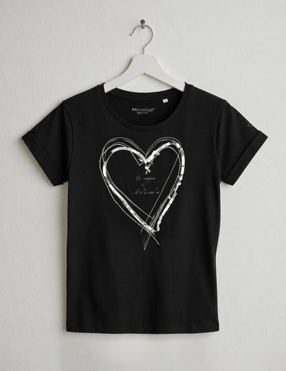 Crew Neck T-Shirt with Graphic and Embellishments