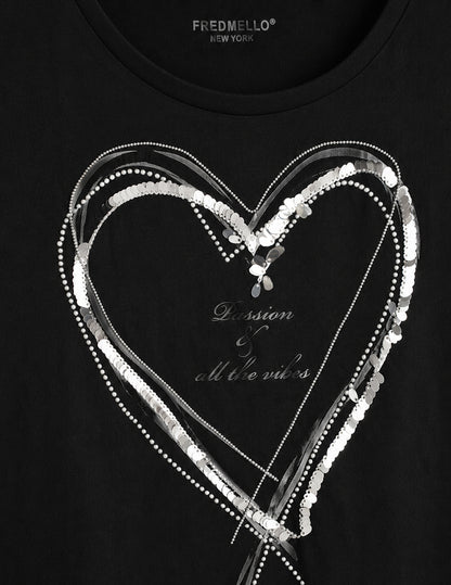 Crew Neck T-Shirt with Graphic and Embellishments