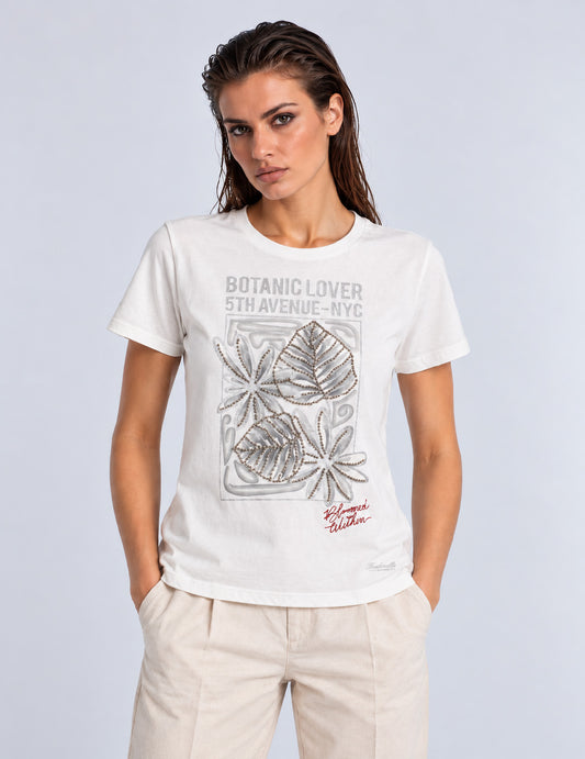 T-SHIRT CON STAMPA LAMINATA, PERLINE E RICAMI donna off white fw26w06tg cc-a0002
