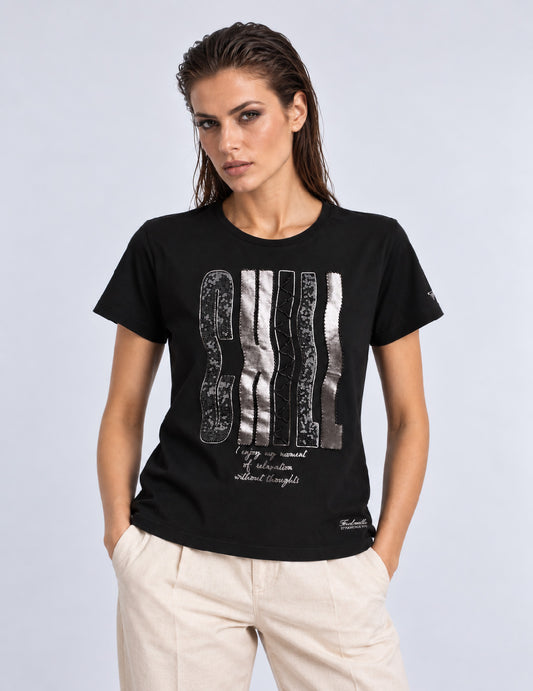T-SHIRT CON STAMPA LAMINATA, PERLINE E RICAMI donna black fw26w06tg cc-a0951