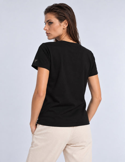 T-SHIRT CON STAMPA LAMINATA, PERLINE E RICAMI - back - 002