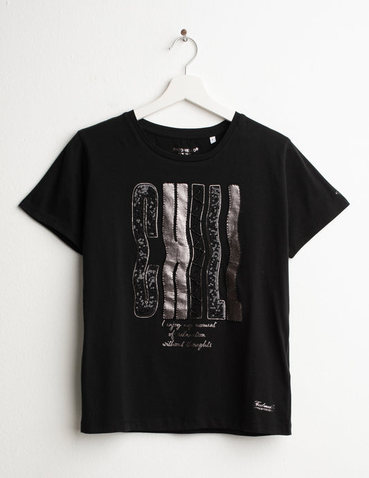 T-SHIRT CON STAMPA LAMINATA, PERLINE E RICAMI donna black fw26w06tg cc-a0951